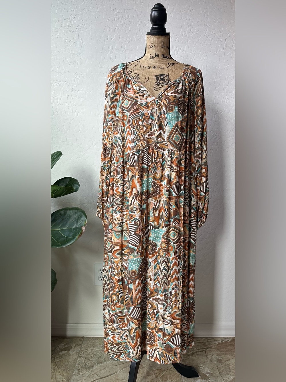 Nurture Brown & Teal Geometric Maxi Dress